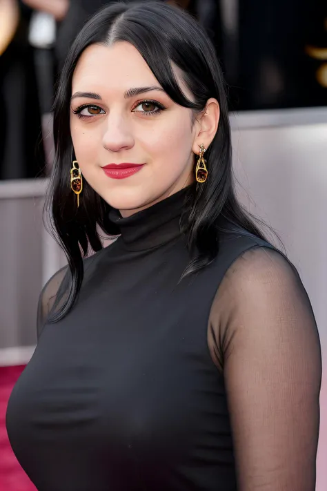 best quality raw photo of (Jan1n4R4m1r3z01:0.99), (in her forties:1.2), (dark eyeliner:1.4), (red lips:1.1), looking at camera,(turtle neck dress:1.3), photo shot on Nikon D850, 16k, sharp focus, masterpiece, Hyper Detailed, breathtaking, atmospheric perspective, diffusion, pore correlation, skin imperfections, DSLR, 80mm Sigma f2, depth of field, film grain, ((as a movie star at the oscars)), (earrings:1.2), (paparazzi in the background), ((on the red carpet)), (golden hour:1.2), (detailed face:1.1), skin pores, 8k, skin texture, dslr, (smile:1.2)