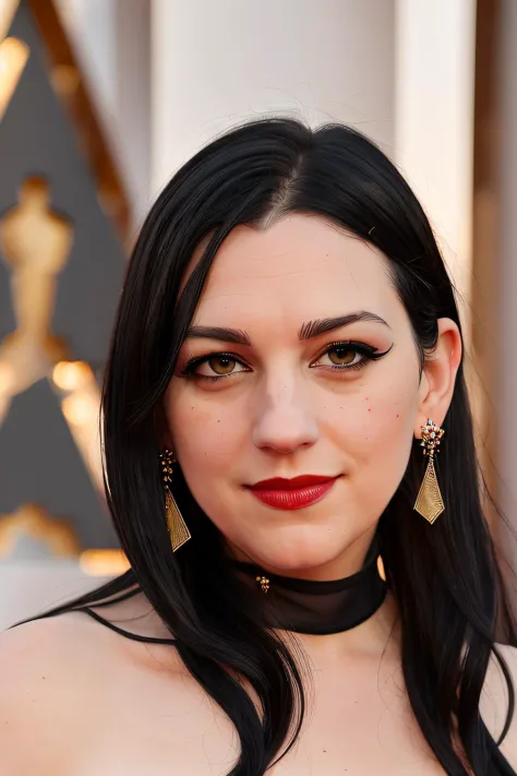 best quality raw photo of (Jan1n4R4m1r3z01:0.99), (in her forties:1.2), (dark eyeliner:1.4), (red lips:1.1), looking at camera,(wearing dress with high neckline:1.4), photo shot on Nikon D850, 16k, sharp focus, masterpiece, Hyper Detailed, breathtaking, atmospheric perspective, diffusion, pore correlation, skin imperfections, DSLR, 80mm Sigma f2, depth of field, film grain, ((as a movie star at the oscars)), (earrings:1.2), (paparazzi in the background), ((on the red carpet)), (golden hour:1.2), (detailed face:1.1), skin pores, 8k, skin texture, dslr, (smile:1.2)