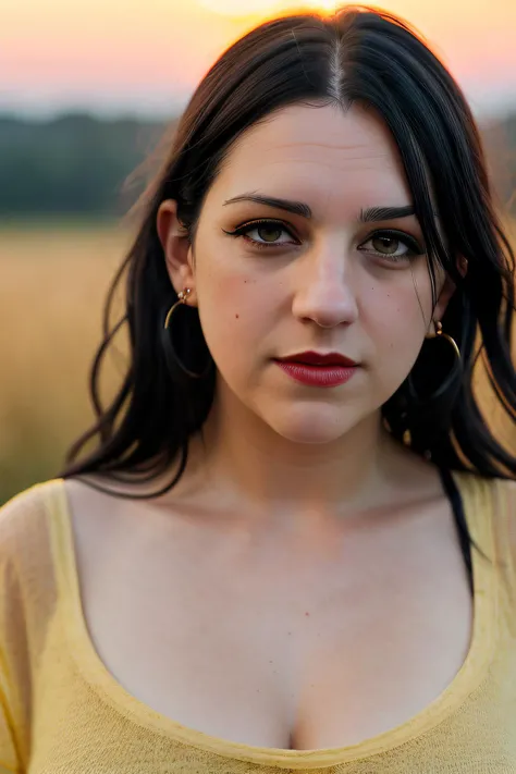 best quality raw photo of (Jan1n4R4m1r3z01:0.99), (in her forties:1.2), (dark eyeliner:1.4),(red lips:1.1), looking away, (oversized t--shirt:1.2), photo shot on Nikon D850, 16k, sharp focus, masterpiece, Hyper Detailed, breathtaking, atmospheric perspective, diffusion, pore correlation, skin imperfections, DSLR, 80mm Sigma f2, depth of field, film grain, outdoor in a field, sunset lighting, (golden hour:1.2), (detailed face:1.1), skin pores, 8k, skin texture, dslr,