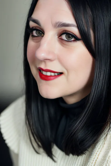 best quality raw photography of (Jan1n4R4m1r3z01:0.99), (in her forties:1.2), (dark eyeliner:1.4), (red lips:1.1), wearing a (turtle neck sweater:1.1), (smiling:1.1), RAW candid cinema, 16mm, color graded portra 400 film, remarkable color, ultra realistic, textured skin, remarkable detailed pupils, realistic dull skin noise, visible skin detail, skin fuzz, dry skin, shot with cinematic camera, detailed skin texture, (blush:0.5), (goosebumps:0.5), subsurface scattering