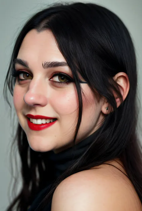 best quality raw photography of (Jan1n4R4m1r3z01:0.99), wearing a (turtle neck sweater:1.1), (smiling:1.1), (dark eyeliner:1.4),(red lips:1.1), RAW candid cinema, 16mm, color graded portra 400 film, remarkable color, ultra realistic, textured skin, remarkable detailed pupils, realistic dull skin noise, visible skin detail, skin fuzz, dry skin, shot with cinematic camera, detailed skin texture, (blush:0.5), (goosebumps:0.5), subsurface scattering