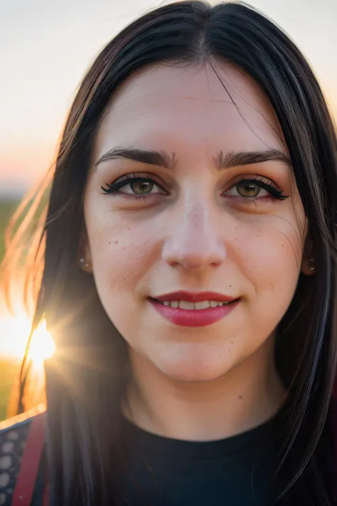 best quality raw photo of (Jan1n4R4m1r3z01:0.99), (in her forties:1.2), (dark eyeliner:1.4),(red lips:1.1), (smile:1.2), looking away, (oversized t--shirt:1.2), photo shot on Nikon D850, 16k, sharp focus, masterpiece, Hyper Detailed, breathtaking, atmospheric perspective, diffusion, pore correlation, skin imperfections, DSLR, 80mm Sigma f2, depth of field, film grain, outdoor in a field, sunset lighting, (golden hour:1.2), (detailed face:1.1), skin pores, 8k, skin texture, dslr,