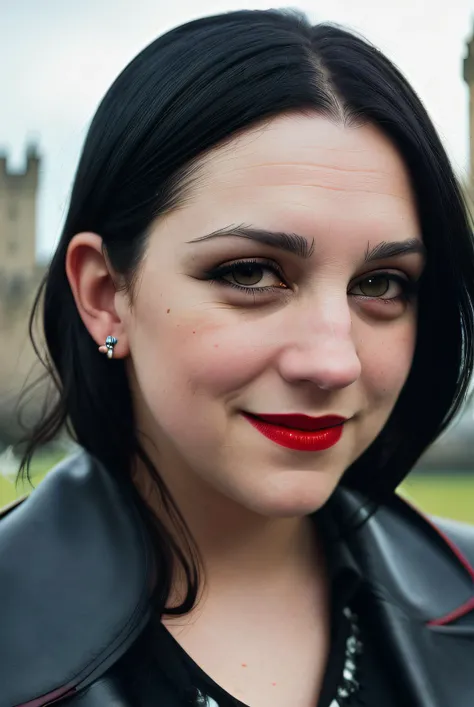 best quality raw photography of (Jan1n4R4m1r3z01:0.99), wearing a (wool coat:1.1), (smiling:1.1), (dark eyeliner:1.4),(red lips:1.1), ((british castle ruins in background)), RAW candid cinema, 16mm, color graded portra 400 film, remarkable color, ultra realistic, textured skin, remarkable detailed pupils, realistic dull skin noise, visible skin detail, skin fuzz, dry skin, shot with cinematic camera, detailed skin texture, (blush:0.5), (goosebumps:0.5), subsurface scattering