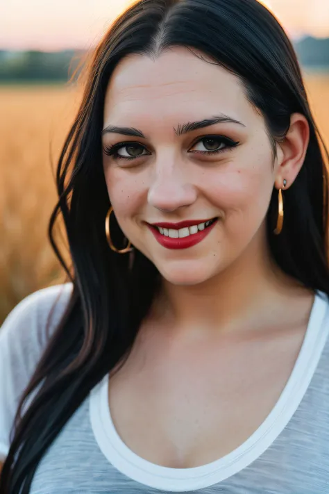 best quality raw photo of (Jan1n4R4m1r3z01:0.99), (in her forties:1.2), (dark eyeliner:1.4),(red lips:1.1), (smile:1.2), looking away, (oversized t--shirt:1.2), photo shot on Nikon D850, 16k, sharp focus, masterpiece, Hyper Detailed, breathtaking, atmospheric perspective, diffusion, pore correlation, skin imperfections, DSLR, 80mm Sigma f2, depth of field, film grain, outdoor in a field, sunset lighting, (golden hour:1.2), (detailed face:1.1), skin pores, 8k, skin texture, dslr,