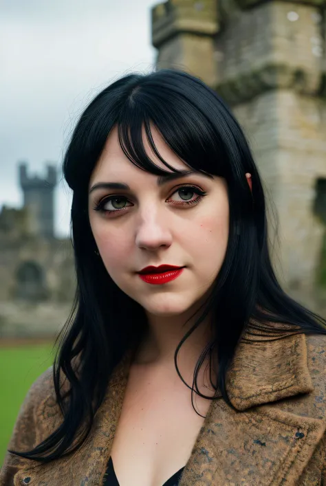 best quality raw photography of (Jan1n4R4m1r3z01:0.99), wearing a (wool coat:1.1), (smiling:1.1), (dark eyeliner:1.4),(red lips:1.1), ((british castle ruins in background)), RAW candid cinema, 16mm, color graded portra 400 film, remarkable color, ultra realistic, textured skin, remarkable detailed pupils, realistic dull skin noise, visible skin detail, skin fuzz, dry skin, shot with cinematic camera, detailed skin texture, (blush:0.5), (goosebumps:0.5), subsurface scattering