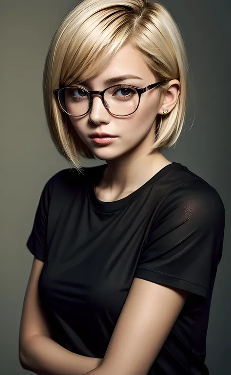 1girl, portrait, close up, short hair, blonde hair, black T-shirt, short sleeves, glasses