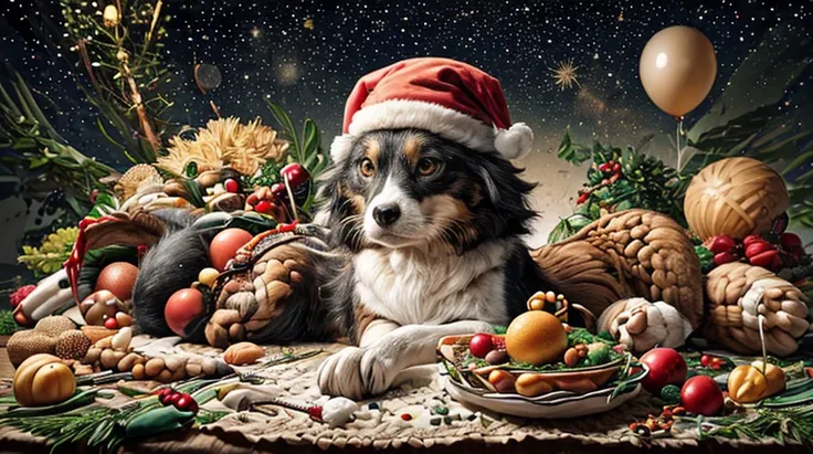 anime, animals, Santa hat, Christmas feast, starry night, <lora:ral-balloonz-sd15:1>, balloonz,, (masterpiece), (best quality),