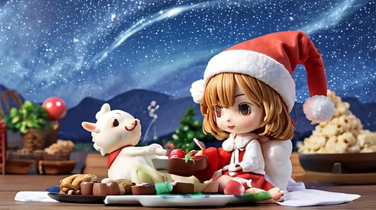anime, lambs, Santa hat, Christmas feast, starry night, <lora:blindbox_v1_mix:0.8>, full body, chibi,, (masterpiece), (best quality),