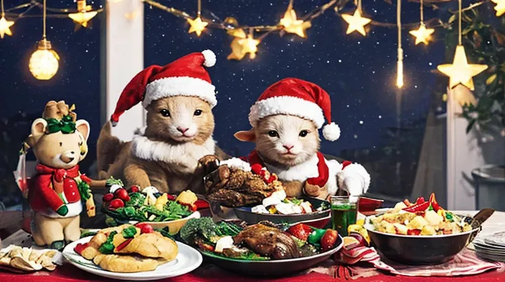 lambs, Santa hat, Christmas feast, starry night,, (masterpiece), (best quality),
