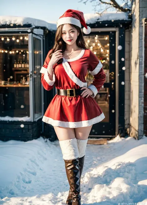 (best quality:1.2),(masterpiece:1.2),a woman,(27yo:0.7),SIGMA 50mm F1.4,full_shot,looking at viewer,smirk,(tall:0.8),(muscular:0.7),glamor,(real skin:1.2) BREAK (santa_costume:1.3),miniskirt,thigh_boots,in winter,snow,ice,