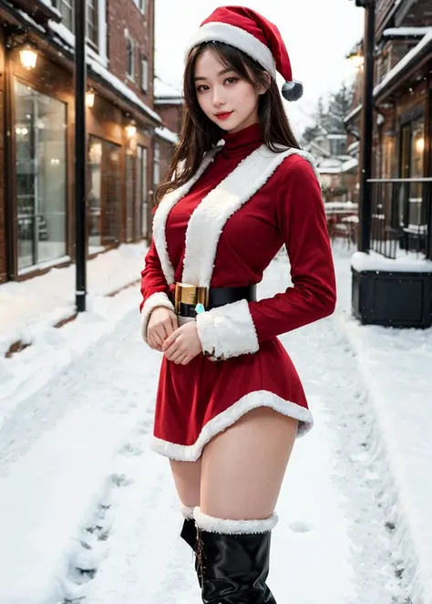 (best quality:1.4),(masterpiece:1.4),a woman,(27yo:0.7),SIGMA 50mm F1.4,full_shot,looking at viewer,smirk,(tall:0.8),(muscular:0.7),glamor,(real skin:1.2) BREAK santa_costume,miniskirt,thigh_boots,in winter,snow,ice,