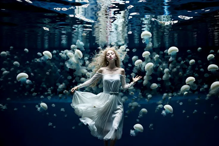 (dramatic, gritty, intense: 1.4), masterpiece, best quality, 8k, insane details, intricate details, ultra-detailed, ultra-high quality, high-detailed, ultra-detailed, masterpiece, 1 girl ,underwater, fine bubbles ,fine bubbles, jewelry ,bare shoulders skirt hold ,wet clothes ,white dress ,earrings ,long dress ,barefoot ,puffy sleeve ,float (ultra long hair ,blonde: 1.4), blue theme ,realistic black background,mirror-smooth water, reflections, floating, ( realistic water flow: 1.5) ,(jellyfish:1.2),glowing jellyfish,glowing jellyfish, full body,weightlessness,preading limbs,(beams of light:1.4),
<lora:Mecha_20230825035035:0.6> <lora:enako-v2:0.2>