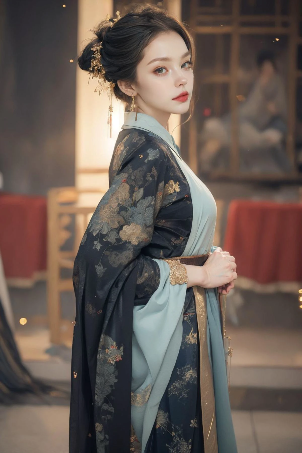 (RAW photo:1.2), (photorealistic:1.4), (masterpiece:1.3), (best quality:1.4), ultra high res, HDR, 8k resolution, Kodak portra 400, (film grain:1.3), 1girl, large breast, solo, ulzzang-6500-v1.1, silver long hair, from below, walking, (azure blue eyes), (glowing eyes), (pale skin:1.2), red lips, blue velvet Chinese clothes, gold hanfu, (space station, fractal:1.3), <lora:ahsp:0.3>, <lora:anxiang:0.7>