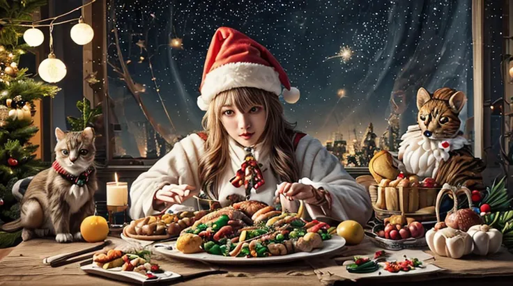 anime, animals, Santa hat, Christmas feast, starry night, <lora:ral-balloonz-sd15:1>, balloonz,, (masterpiece), (best quality),