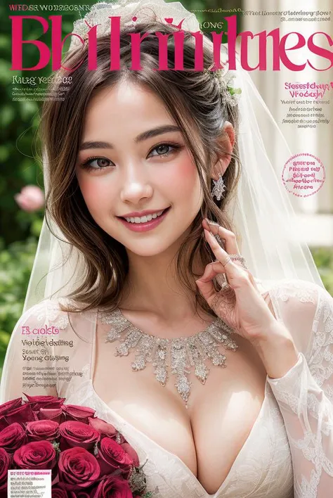 absurdres, highres, ultra detailed, (****ung beautiful girl, solo:1.1), (wedding magazine cover:1.3), red rose, white rose, pink rose, smiley face, 
BREAK