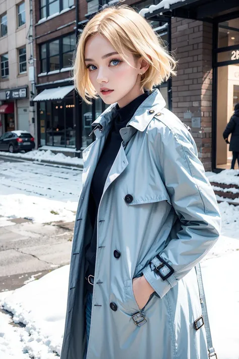 beautiful person, perm hair, yellow hair, light blue eye, 
(GIGANTIC HUGE BREAST:0.6), 
sweater, (trench coat:1.2), Denim, 
snow,