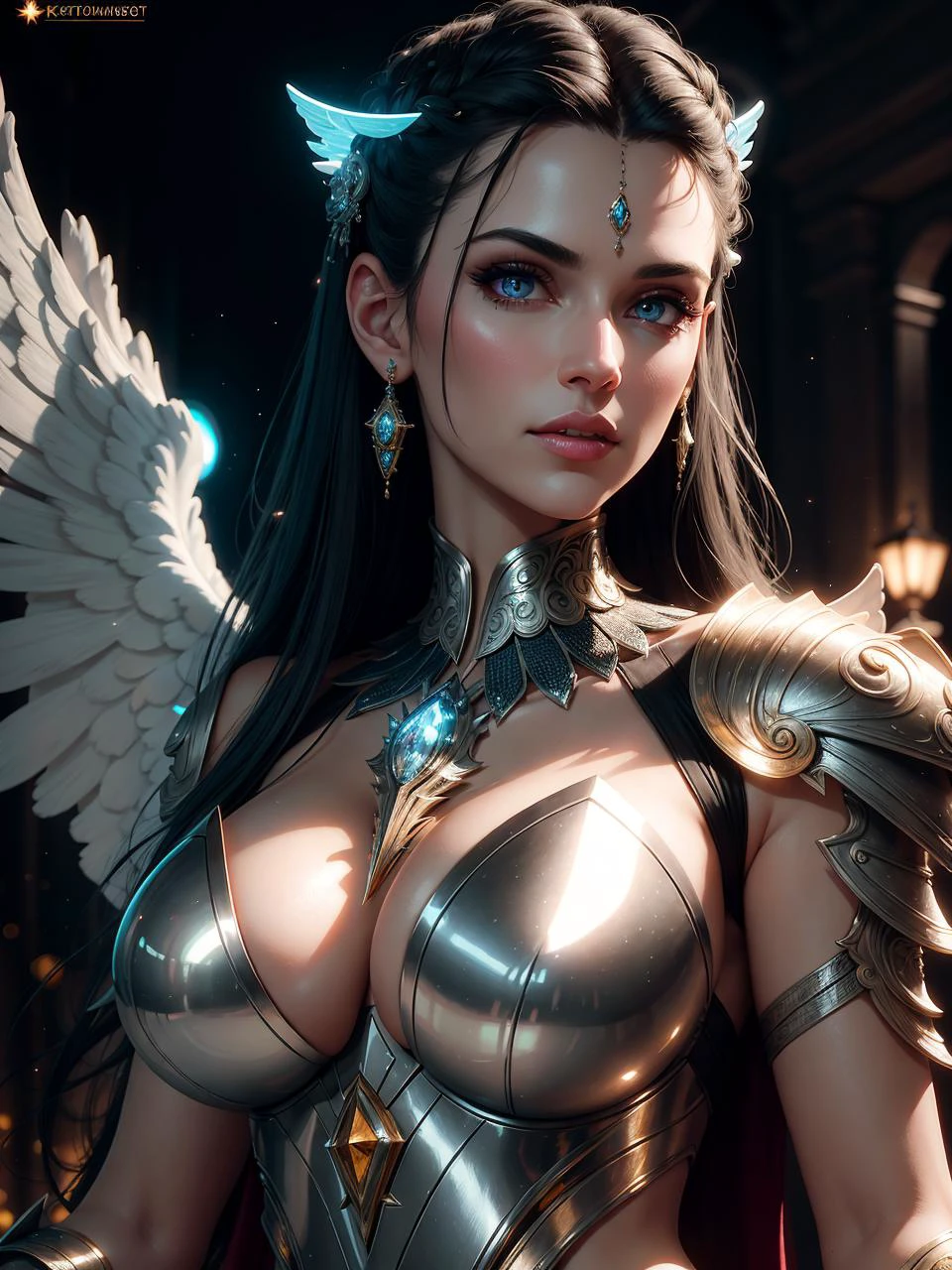 (4k), (masterpiece, photorealistic, highly detailed), Concept Art, (mature girl, angel warrior), Bejeweled, Light Mode, Neon, (detailed face), (fancy dress), (detailed mouth), demonic feature, bright, vibrant, colorful, beautiful, intricate, particles, light rays, (clear focus), sharp focus, full body in frame, by Anne Stokes and Karol Back, asymmetric