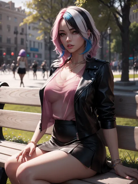 photorealistic, ultra realistic,3D, artstation, cgsociety, 8 k,
award winning photography of a beautiful woman sitting on a bench at the park, (fashion), (multi color hair:1.2), cheekbones, detailed face, Bejeweled, curvy, a nice leather jacket, ((see-through)) top, frill skirt
colorful, vibrant