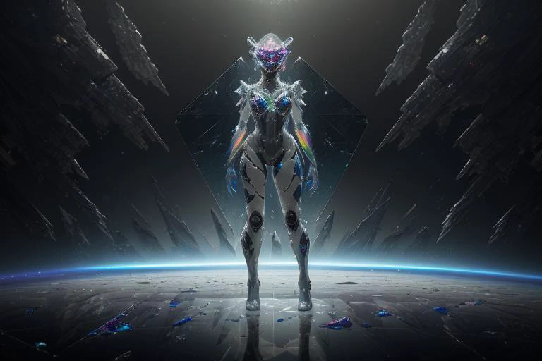 a photo of 8k ultra realistic corrupted rainbow transparent glass humanoid queen standing next to a spaceship window overlooking earth, swarm of transparent glass shards, cinematic lighting, trending on artstation, 4k, hyperrealistic, focused, extreme details, unreal engine 5, cinematic, masterpiece