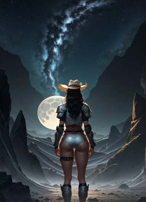 Masterpiece, analog style, bldrnrst, (35mmstyle:1), film-like, rear angle photo of (effortlessly beautiful [cyborg|woman] space outlaw, wearing white latex booty shorts and [Cyberpunk|Dieselpunk] red vest armor, accentuated booty), ((cowboy hat)), (perfect face:1.2), looking back at viewer, (detailed skin), realistic skin texture, [[imperfect skin]], fine details, BREAK (standing on brink of tall mountain with grand and imposing tropical rainforest on alien planet in the background), (sci-fi), (mountains:1.1), lush green vegetation, vivid details, beautiful colors, [ambient light], (two moons and majestic galaxy in the night sky above in background), [fantasy|scifi]_\(setting\), BREAK (lens flare:0.7), (bloom 0.6), particle effects, beautiful cinematic light, shallow depth of field, photographed on a Hasselblad X1D II 50c, 90mm f/2.8 cine lens, sharp focus, cinestill 800T, (highly detailed, intricately detailed), HDR, 8k, cinematic film still from [gravity|westworld], from behind, big ass