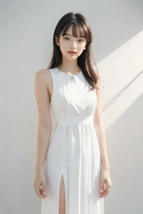 1girl, white  formal long dress,white background,   <lora:TongChawchom-04:1>