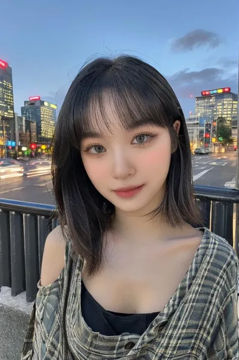 Fujifilm XT3, close up photo, masterpiece, best quality, (((1girl))), solo, realistic, ((looking at viewer)), photorealistic, (extremely detailed face), looking at viewer, ((ultra-detailed eyes and pupils)), ultra detailed, smile, cropped top, shirts, (standing against a city skyline at night), bangs, (night:1.5), <lora:chaewonlorashy:1>