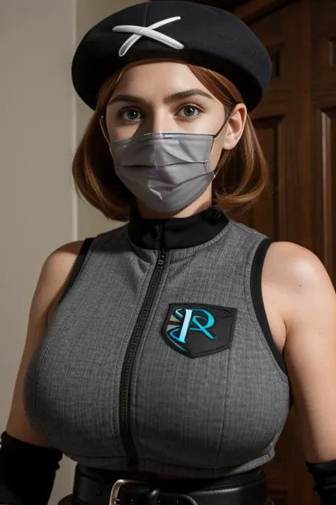 <lora:pkmntpg-nvwls-v1:1>, pkmntpg, beret, grey bodysuit, vest, belt, mask, huge breasts, buxom, hips