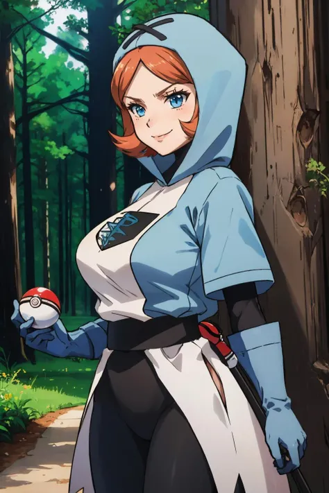 masterpiece, best quality, <lora:pkmntpg-nvwls-v1-000010:1> pkmntpg, hood, white dress, blue gloves, black leggings, huge breasts, standing, forest, holding poke ball, poke ball \(basic\), smile, furrowed brow