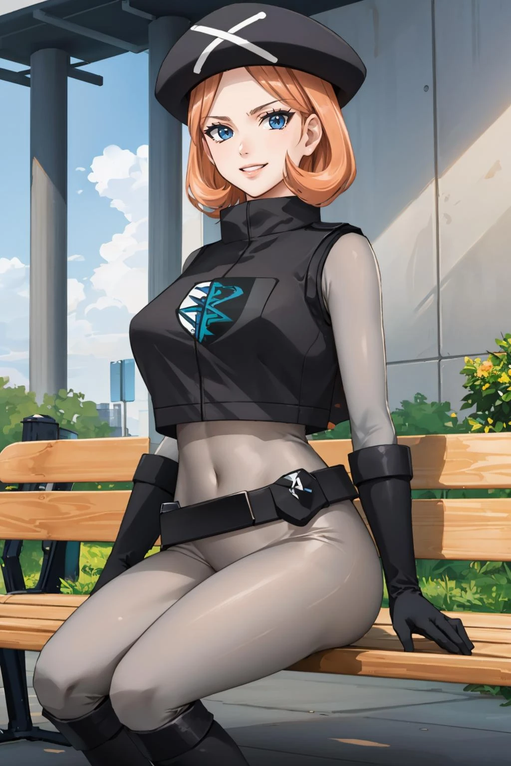 masterpiece, best quality, <lora:pkmntpg-nvwls-v1-000010:1> pkmntpg, beret, grey bodysuit, vest, belt, black gloves, huge breasts, sitting, bench, looking at viewer, smile, black boots