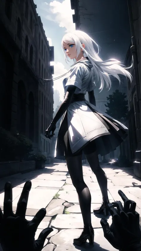 black pantyhose <lora:yorha_type_a_noDOT_2:0.7> yorha type a no. 2, white hair, BREAK, <lora:pkmntpg-nvwls-v1:0.7> pkmntpg, hood, white dress, blue gloves, masterpiece, best quality, extremely detailed, highly quality, 4k, sharp focus, professional, sharp focus, award winning, cinematic lighting, octane render, unreal engine, volumetrics dtx, Wallpaper,