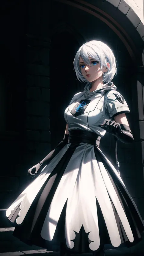 black pantyhose <lora:yorha_type_a_noDOT_2:0.7> yorha type a no. 2, white hair, BREAK, <lora:pkmntpg-nvwls-v1:0.7> pkmntpg, hood, white dress, blue gloves, masterpiece, best quality, extremely detailed, highly quality, 4k, sharp focus, professional, sharp focus, award winning, cinematic lighting, octane render, unreal engine, volumetrics dtx, Wallpaper,