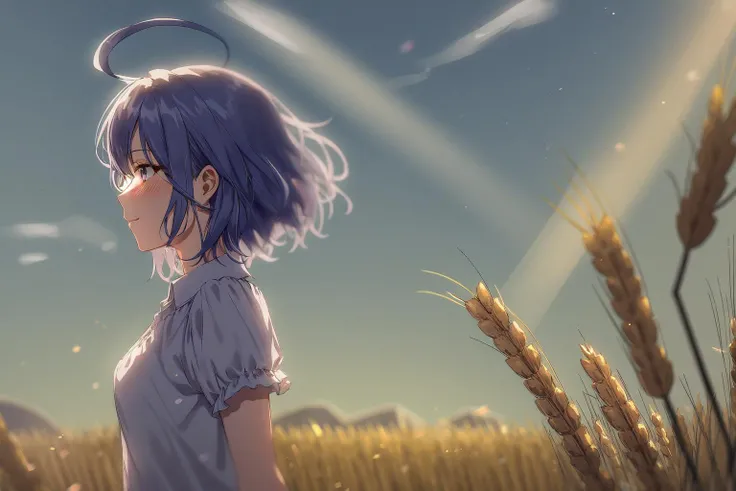 mksks style, very detailed background, masterpiece, best quality, 1girl, solo, Purple hair, Orange eyes, ahoge, very short hair, smile, blush, field of wheat, sunrays, godrays, from side, (motion blur:1.7), wind, windy