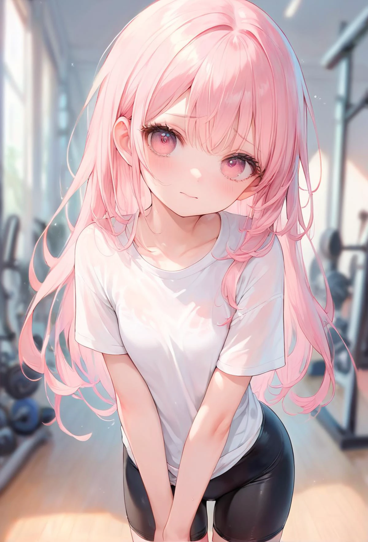 score_9, score_8_up, score_7_up, score_6_up, source_anime, best quality,
1girl, small breasts, cute, orgasm, embarrassed,
pink eyes, pink hair, long hair,
white shirt, bike shorts,
gym,
close-up,
looking at viewer, standing,