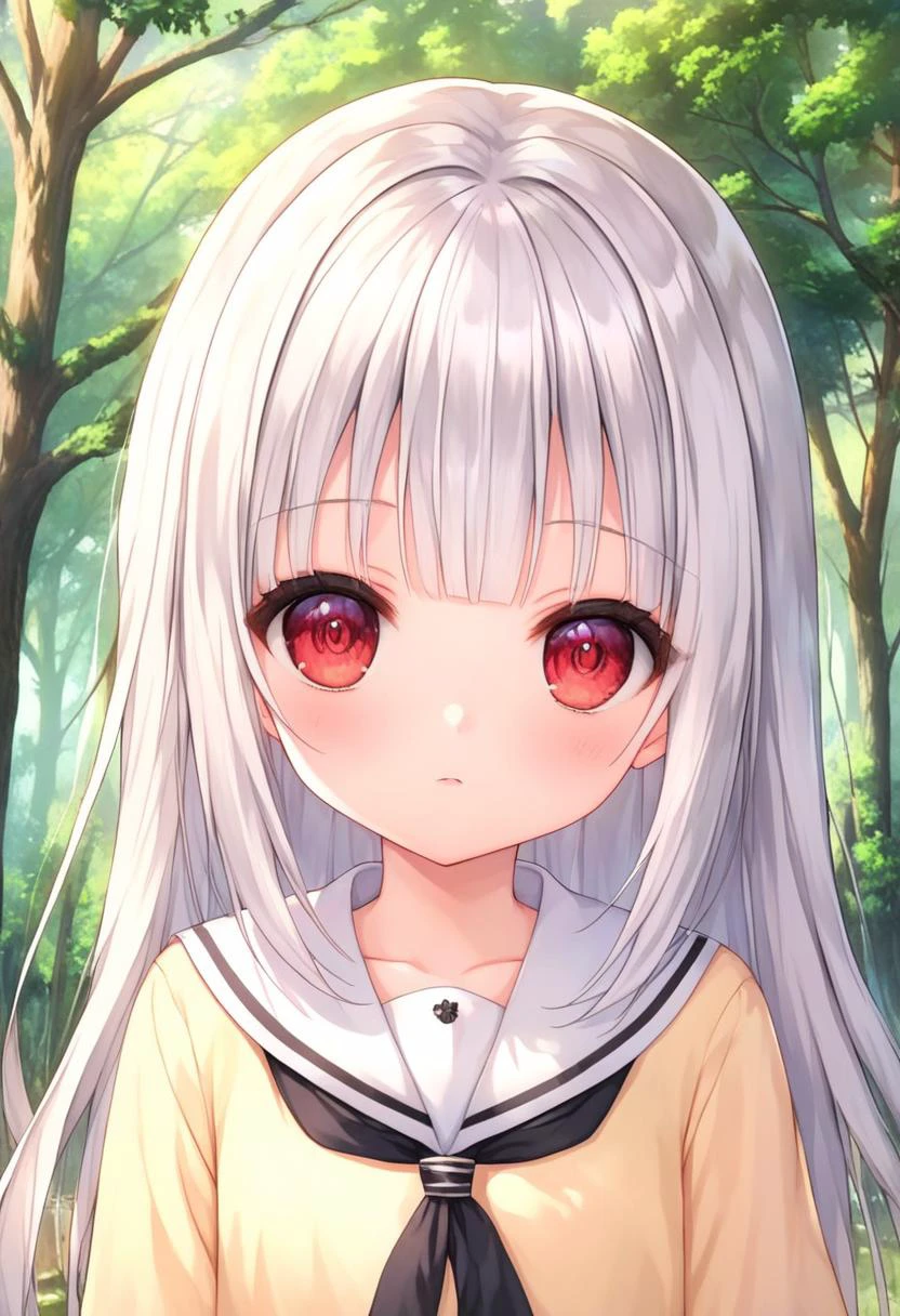 score_9, source_anime, anime_coloring, anime_screencap, rating_sfw, newest,
masterpiece, amazing quality, best quality, detailed, absurdres, illustration, game_cg, intricate, an extremely delicate and beautiful,
1 girl, cute, perfect anatomy, red eyes, pettier,
white hair, long hair, blunt bangs,
white sailor collar,
close-up, upper body,
forest, flower,
standing,