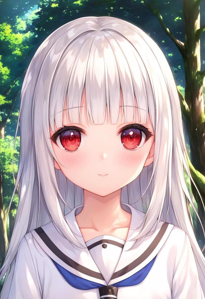 score_9, source_anime, anime_coloring, anime_screencap, rating_sfw, newest,
masterpiece, amazing quality, best quality, detailed, absurdres, illustration, game_cg, intricate, an extremely delicate and beautiful,
1 girl, cute, perfect anatomy, red eyes, pettier,
white hair, long hair, blunt bangs,
white sailor collar,
close-up, upper body,
forest, flower,
standing,