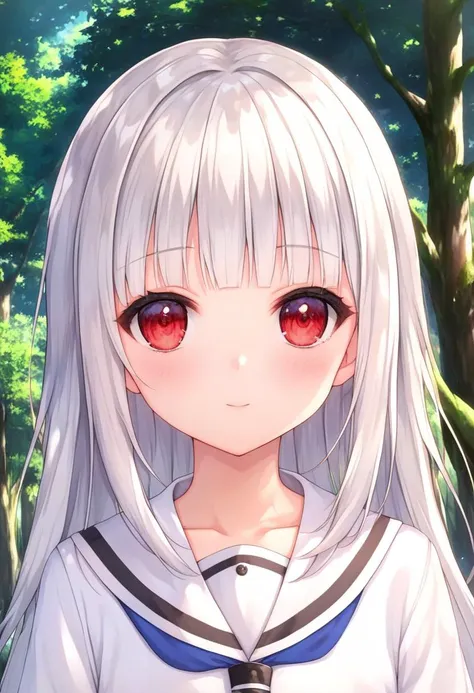 score_9, source_anime, anime_coloring, anime_screencap, rating_sfw, newest,
masterpiece, amazing quality, best quality, detailed, absurdres, illustration, game_cg, intricate, an extremely delicate and beautiful,
1 girl, cute, perfect anatomy, red eyes, pettier,
white  hair, long hair, blunt bangs,
white  sailor collar,
close-up, upper body, 
forest, flower, 
standing,