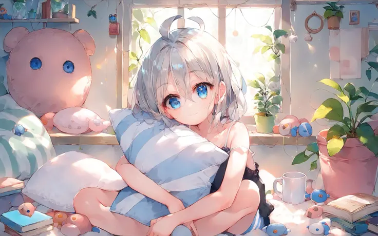 score_9, score_8_up, score_7_up, source_anime, 
(messy room:1.5), glass window, book, mug, doll, toy, plant pot, 
(1girl), ahoge, (light smile), beautiful detailed eyes, blue eyes, looking at viewer, shiny hair, (silver permed hair), (sitting, hugging pillow), camisole, ((striped panty))