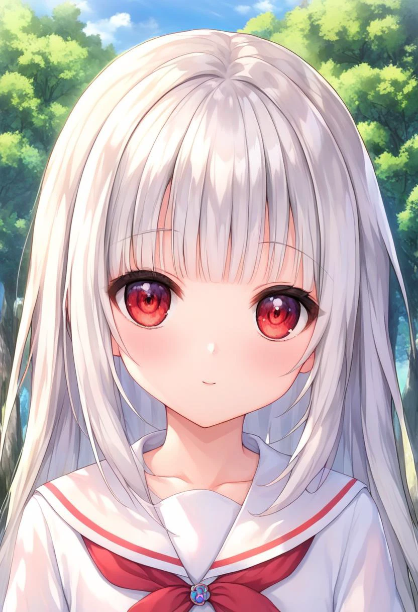 score_9, source_anime, anime_coloring, anime_screencap, rating_sfw, newest,
masterpiece, amazing quality, best quality, detailed, absurdres, illustration, game_cg, intricate, an extremely delicate and beautiful,
1 girl, cute, perfect anatomy, red eyes, pettier,
white hair, long hair, blunt bangs,
white sailor collar,
close-up, upper body,
forest, flower,
standing,