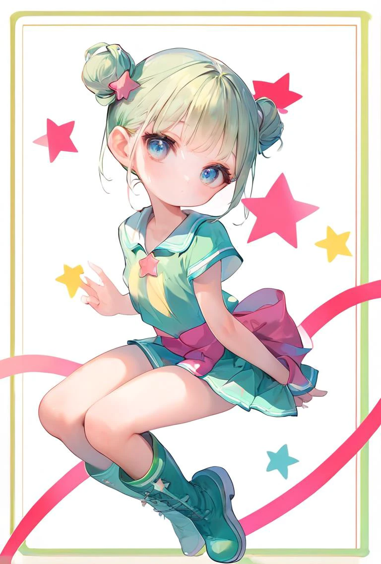 core_9, score_8_up, score_7_up,1woman,18 years old, central asian, blue half bun hair, chestnut eyes, boredom face, plump body, flat chest, dressed with permanent sap green velvet blouse and pleated skort, chelsea boots twinkling stars, , <lora:add_detail:0.8>