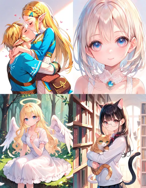 https://civitai.com/articles/5300 ___ All images: score_9, score_8_up, score_7_up ___ 1st image: 1girl, 1boy, Princess_Zelda, \(The_Legend_of_Zelda:_Breath_of_the_Wild\), standing, kiss, hug, closed_eyes ___ 2nd image: 1girl, lovely face, portrait, close-up, looking_at_viewer, closed_mouth ___ 3rd image: 1girl, solo, blonde_hair, wavy_hair, angel, angel_wings, halo, smile, sitting, forest, white_dress ___ 4th Image: 1girl, solo, long_hair, black_hair, blunt_bangs, straight_hair, round_eyewear, cat_girl, cat_ears, cat_tail, standing, hug cat, looking_at_viewer, library