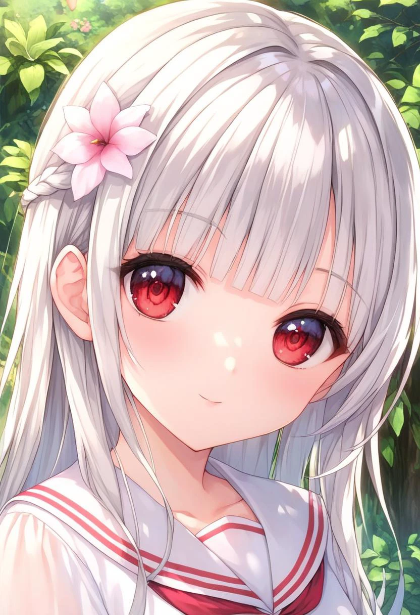 score_9, source_anime, anime_coloring, anime_screencap, rating_sfw, newest,
masterpiece, amazing quality, best quality, detailed, absurdres, illustration, game_cg, intricate, an extremely delicate and beautiful,
1 girl, cute, perfect anatomy, red eyes, pettier,
white hair, long hair, blunt bangs,
white sailor collar,
close-up, upper body,
forest, flower,
standing,