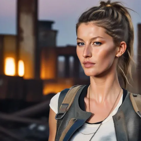 <lora:GiseleBndchen_sdxl:1> GiseleBndchen, a close up portrait photo of 26 y.o woman in wastelander clothes, hightop fade hairstyle, pale skin, slim body, background is city ruins, (high detailed skin:1.2), 8k uhd, dslr, soft lighting, high quality, film grain, Fujifilm XT3