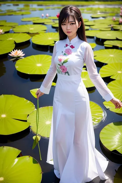 A girl wearing a Vietnamese ao dai stands in the middle of a lotus pond, her shirt is a little wet