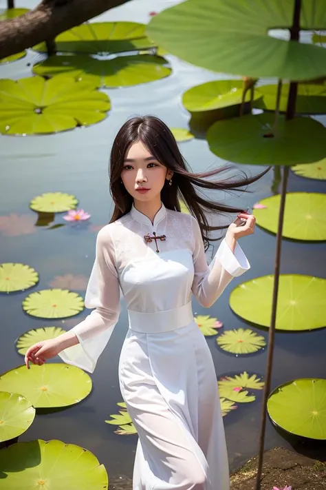 A girl wearing a Vietnamese ao dai stands in the middle of a lotus pond, her shirt is a little wet