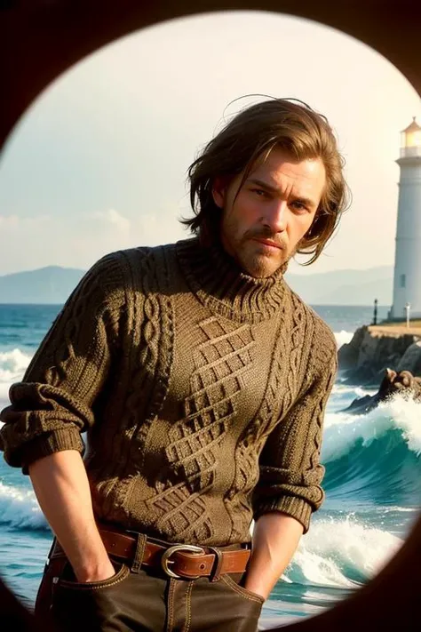 dark, deep shadow, award winning portrait photo of a rugged (old fisherman:1.3), (face focus:1.5), (storm:1.2), (waves:1.3), ocean, (lighthouse background:1.5), (cowboy shot:1.4), (white turtleneck knitted sweater:1.3), looking at viewer, realistic, masterpiece, highest quality, backlighting, (lens flare:1.1), (bloom:1.1), (chromatic aberration:1.1), by Jeremy Lipking, by Antonio J. Manzanedo, by lee jeffries nikon d850 film stock photograph 4 kodak portra 400 camera f1.6 lens rich colors hyper realistic lifelike texture dramatic lighting unrealengine trending on artstation cinestill 800