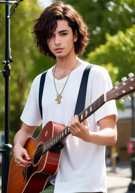 A male artist with short curly hair holding a guitar stands in the middle of the street to perform, surrounded by a group of spectators, (RAW photo:1.2), (photorealistic:1.4),(masterpiece:1.3),near shot,(best quality:1.4), dreamlike, (detailed eyes),(detailed facial features), (detailed clothes features), skin tight