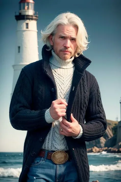 dark, deep shadow, award winning portrait photo of a rugged (old fisherman:1.3), (face focus:1.5), (storm:1.2), (waves:1.3), ocean, (lighthouse background:1.5), (cowboy shot:1.4), (white turtleneck knitted sweater:1.3), looking at viewer, realistic, masterpiece, highest quality, backlighting, (lens flare:1.1), (bloom:1.1), (chromatic aberration:1.1), by Jeremy Lipking, by Antonio J. Manzanedo, by lee jeffries nikon d850 film stock photograph 4 kodak portra 400 camera f1.6 lens rich colors hyper realistic lifelike texture dramatic lighting unrealengine trending on artstation cinestill 800