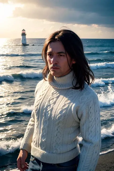 dark, deep shadow, award winning portrait photo of a rugged (old fisherman:1.3), (face focus:1.5), (storm:1.2), (waves:1.3), ocean, (lighthouse background:1.5), (cowboy shot:1.4), (white turtleneck knitted sweater:1.3), looking at viewer, realistic, masterpiece, highest quality, backlighting, (lens flare:1.1), (bloom:1.1), (chromatic aberration:1.1), by Jeremy Lipking, by Antonio J. Manzanedo, by lee jeffries nikon d850 film stock photograph 4 kodak portra 400 camera f1.6 lens rich colors hyper realistic lifelike texture dramatic lighting unrealengine trending on artstation cinestill 800