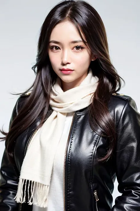 a woman with long hair and a scarf on her neck and a black jacket on her shoulders and (a sky background), (1girl:0.998), (brown eyes:0.892), (brown hair:0.731), (fingerless gloves:0.869), (gloves:0.804), (hand on own face:0.734), (lips:0.842), (long hair:0.726), (looking at viewer:0.653), (nose:0.811), (realistic:1.4), (sailor collar:0.795), (school uniform:0.920), (serafuku:0.914), (solo:0.938), (bodysuit:0.685),best illustration,best quality,highly detailed,illustration,extreme body details,extremely detailed CG unity 8k wallpaper <lora:Liliya_v10:0.2> <lora:koreandolllikenessV20_v20:0.4>