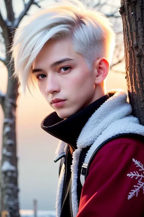 best quality, masterpiece, White hair,detailed, red eyes, windy, undercut hair,short hair, snowy, upper body, detailed face, winter, trees, sunshine, (male 20 years old)